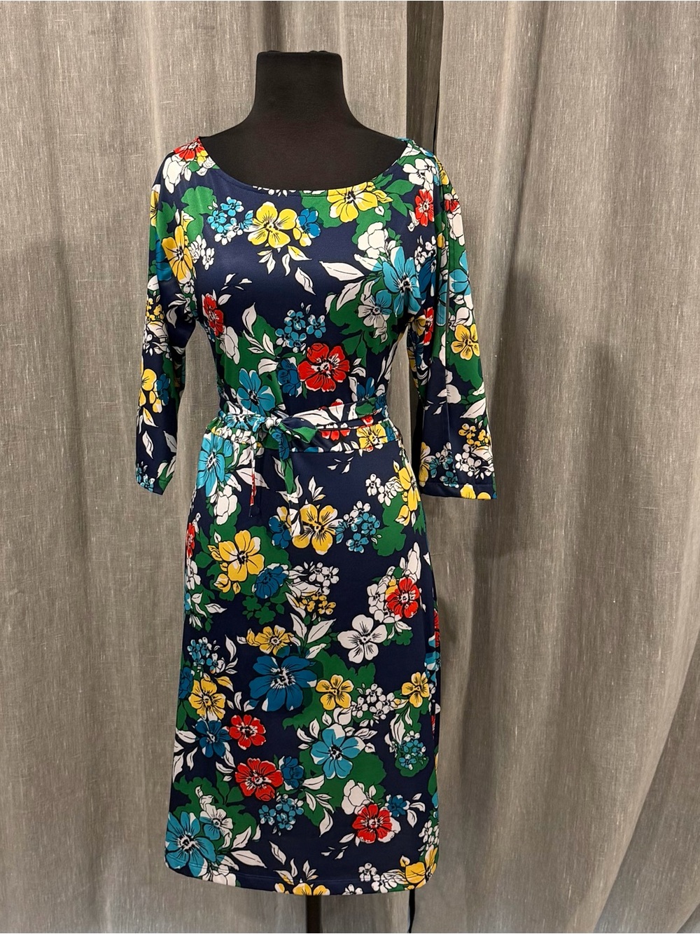 Floral Belted Navy 3/4 Open Sleeve Sheath Dress